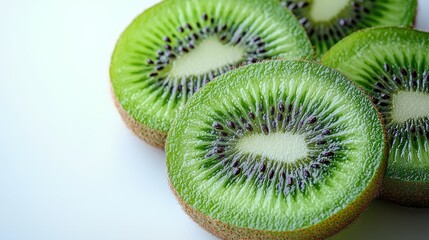 Close-up of fresh kiwi slices showcasing vibrant green color and juicy texture, perfect for healthy eating and diet visuals.