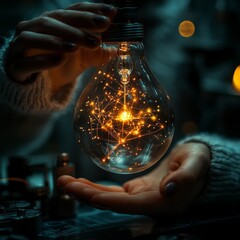 Closeup of hands holding a glowing light bulb with abstract network inside, symbolizing innovation, creativity, and technology.