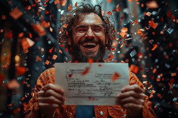 Aufkleber - an entrepreneur celebrating receiving a patent certificate for a new invention, illustrating the int