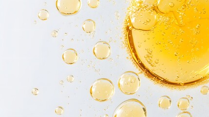 Clear yellow cosmetic gel serum oil texture isolated on white background. Hyaluronic acid skincare product with bubbles macro.
