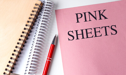 Poster - Pink sheets document with a red pen and spiral notebooks on a white desk