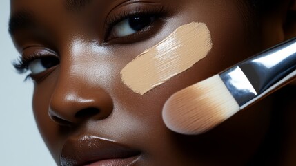 Close-up of woman's face with foundation being applied by makeup brush, highlighting smooth skin and makeup application.