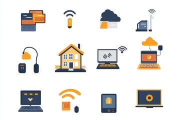 Poster - A set of digital communication icons representing computer, phone, cloud technology, and smart home devices in a modern  style