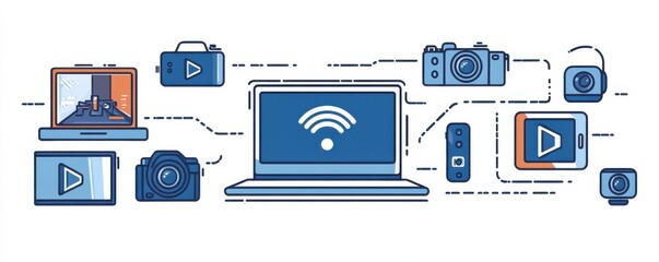 Poster - Illustration of connected smart devices including cameras, laptops, and tablets with wireless signal