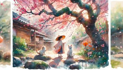 A watercolor painting of a cat and a girl.generated by AI.