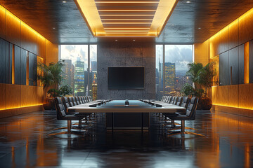 Poster - A sleek, modern conference room equipped with video conferencing technology, illustrating the importance of virtual meetings in global business.