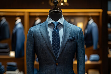 Sticker - A sleek business suit displayed on a mannequin in a high-end retail store, illustrating the professional attire and image in the business world.