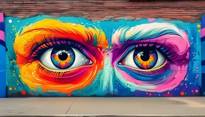 Vivid street art mural featuring two expressive eyes on a brick wall, showcasing captivating urban creativity with striking colors and intricate details.