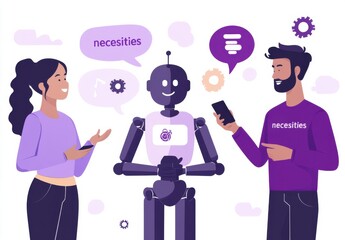 Poster -  illustration of two people interacting with a friendly robot, discussing technology and communication