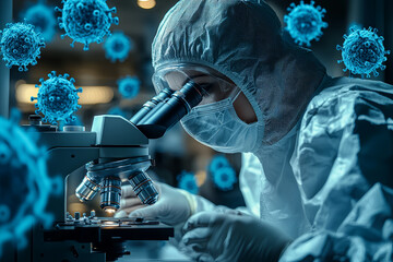 Poster - a researcher examining a sample of infected cells under a high-powered microscope, illustrating the 