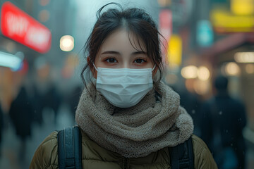 Sticker - A person wearing a face mask in a busy urban setting, emphasizing the public health measures implemented to prevent viral transmission. Concept of face masks and public health.