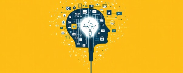 Poster -  illustration of a head silhouette filled with digital icons and a glowing light bulb, symbolizing technology, innovation, and modern ideas