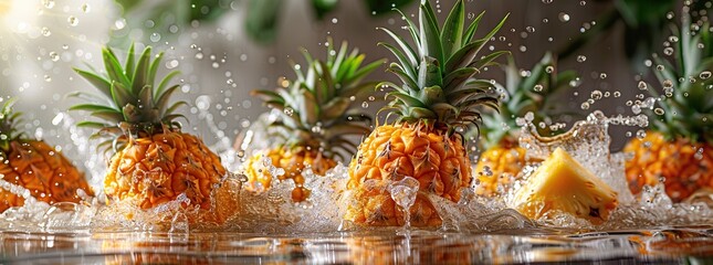 Wall Mural - Fresh Pineapples Splashing in Water