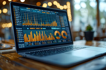 Poster - a detailed financial report with graphs and pie charts displayed on a laptop screen, emphasizing the
