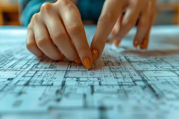 Poster - A detailed blueprint of a new office layout being reviewed by an architect and business owner, emphasizing office design and space planning.