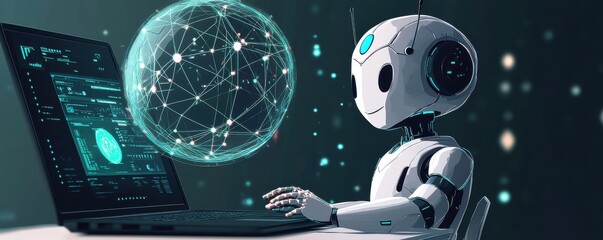 Poster - AI robot working on a complex project with futuristic interface and glowing holographic display