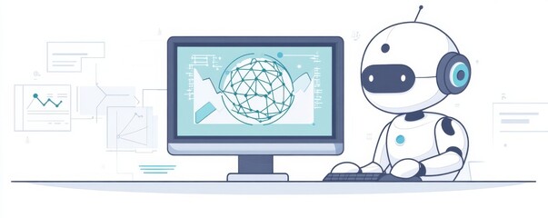 Poster - Illustration of an AI robot working at a computer with data charts showcasing technology and innovation