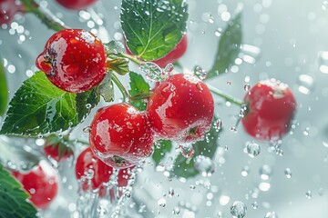 Wall Mural - Water Splashing on Cherries