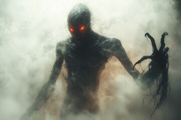 Wall Mural - A terrifying, shadowy entity with elongated limbs and glowing red eyes, emerging from a dense, eerie fog. Concept of shadow creatures and mysterious environments.