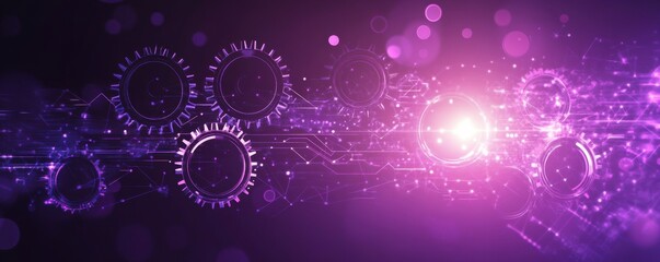 Poster - graphic design with purple background featuring abstract gears and light effects
