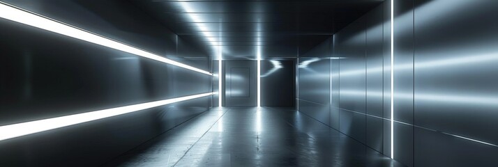 Poster - Contemporary corridor showcasing a futuristic design, characterized by dark walls adorned with horizontal and vertical light strips that form a dynamic pattern.