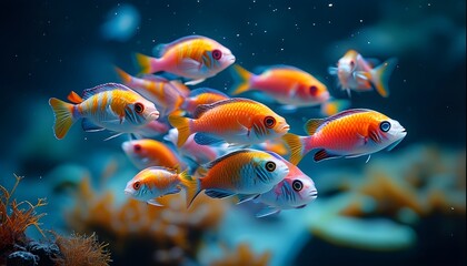 Vibrant school of colorful fish swimming in the deep ocean, showcasing rich marine life diversity against a blurred backdrop