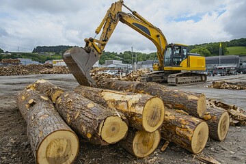 Excavator Moving Logs at a Lumberyard