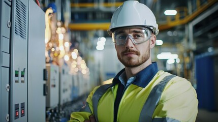 Wall Mural - Industrial Factory Worker Inspecting Electrical Equipment in Warehouse