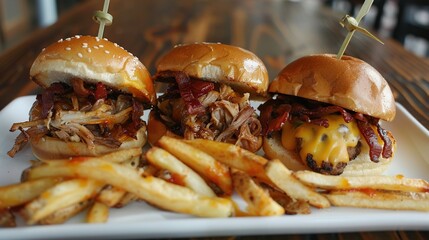 Sticker - Three Mini Cheeseburgers with Bacon, Pulled Pork, and French Fries