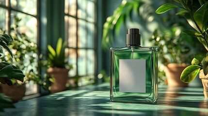 Canvas Print - A glass bottle of perfume with a blank label sits on a wooden table in a sunlit room with plants in the background.