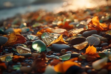 Wall Mural - Sea Glass and Leaves on the Beach