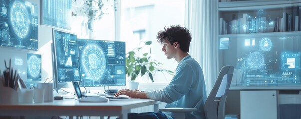 Poster - Young man working at a futuristic desk surrounded by digital screens and technology displays
