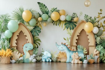 Wall Mural - A room decorated with green and yellow balloons and stuffed animals