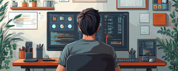 Poster - Young man working at a modern desk with dual monitors displaying data charts and code in a home office setup