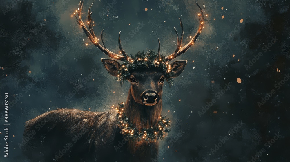 Magical deer with glowing antlers adorned in fairy lights in a mystical ...