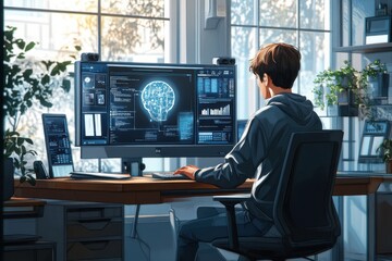 Poster - Young man working at a desk with computer displaying digital interface and data analytics in a modern office setting with plants