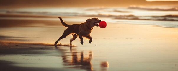 Dog playing with red ball on beach at sunset, playful outdoor scene. Joyful pet activity concept