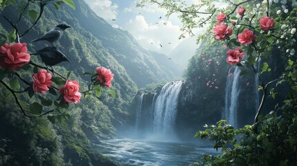 Tranquil Waterfall in a Lush Forest