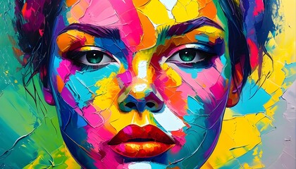 Dynamic abstract portrayal of a human face featuring vivid colors and textured cracks, serving as a source of artistic expression and creative inspiration.