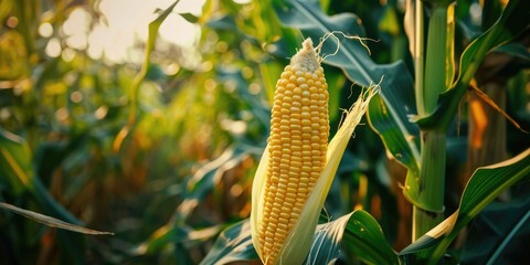 Wall Mural - Close Up of Ripe Yellow Corn in a Lush Cornfield