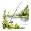 © Wavezaa - Peaceful watercolor illustration of a fishing rod by a lake clipart, isolate on white, for quiet moments in nature