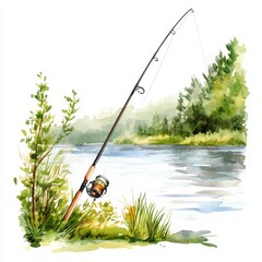 peaceful watercolor illustration of a fishing rod by a lake clipart, isolate on white, for quiet mom