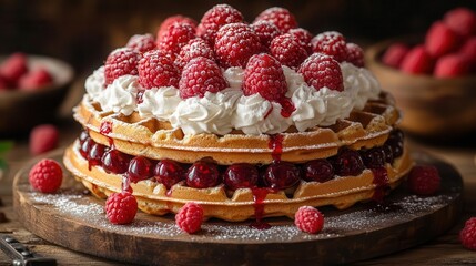 decadent waffle tower dripping with luscious cream and adorned with plump jeweltoned raspberries set against a rustic wooden backdrop