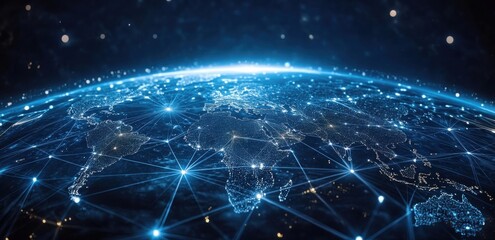 Poster - abstract digital world map with glowing network connections, showcasing global communication technol