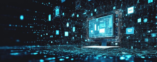 Poster - Futuristic digital landscape with illuminated computer screen displaying abstract data and symbols