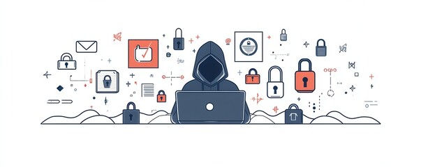 Poster - illustration of a mysterious hacker at a laptop surrounded by digital security icons including locks