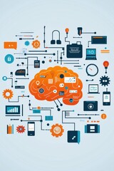 Poster - Illustration of an interconnected AI brain surrounded by data elements and technological icons on a digital interface