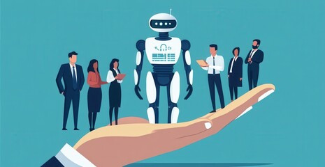Poster - AI robot interacting with business professionals in a futuristic concept depicting technology and collaboration