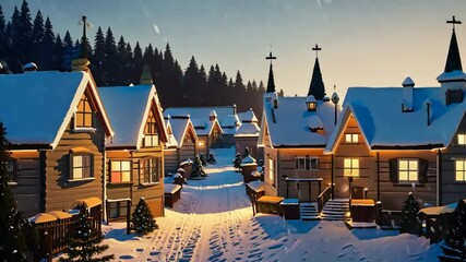 Sticker - Cozy winter village illuminated by soft lights with snow-laden rooftops during dusk surrounded by evergreen trees