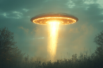 Wall Mural - A luminous, cigar-shaped UFO moving steadily across a clear blue sky, leaving a faint trail behind. Concept of space vehicles and daylight sightings.